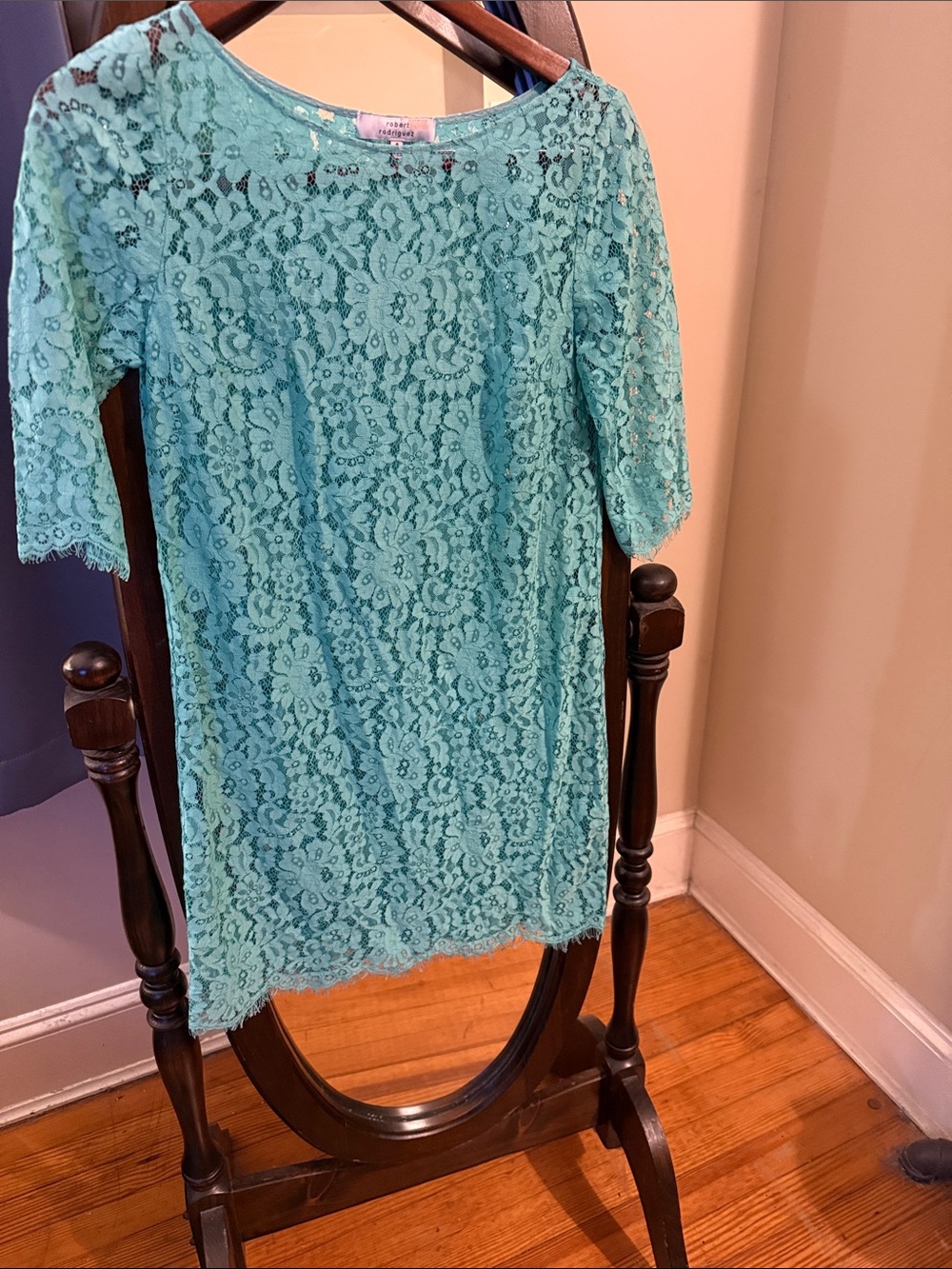 Robert Rodriguez Mint Green Floral Lace Shift Dress 3/4 Sleeve, size 4
